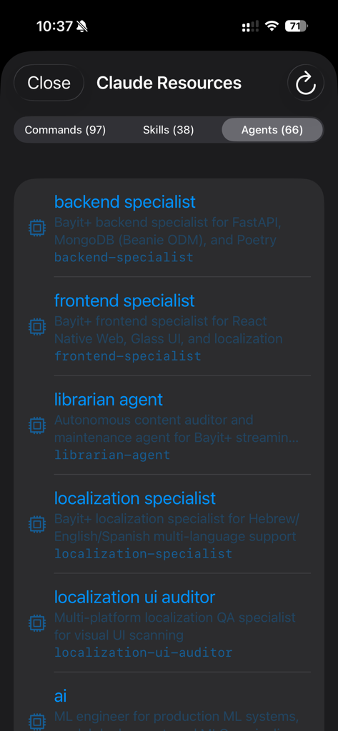 Claudette Mobile - A list of specialized AI agents in the Claudette Mobile app browser.