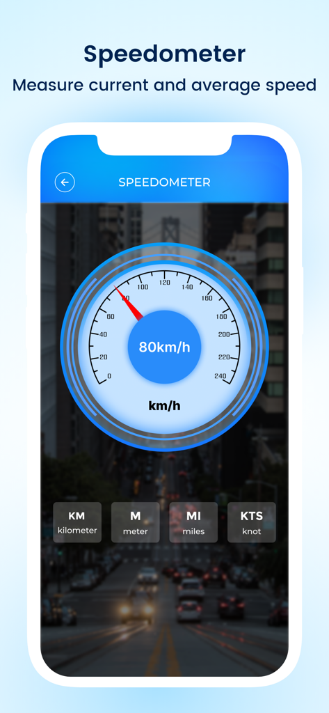 A digital speedometer interface on a smartphone screen showing 80 kilometers per hour with unit options for kilometers, meters, miles, and knots.