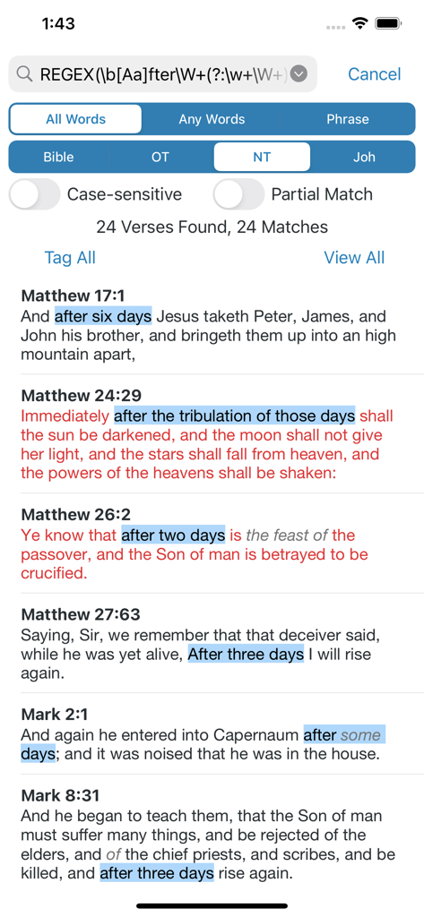 Resultados avanzados de búsqueda bíblica con versículos resaltados en la aplicación e-Sword LT