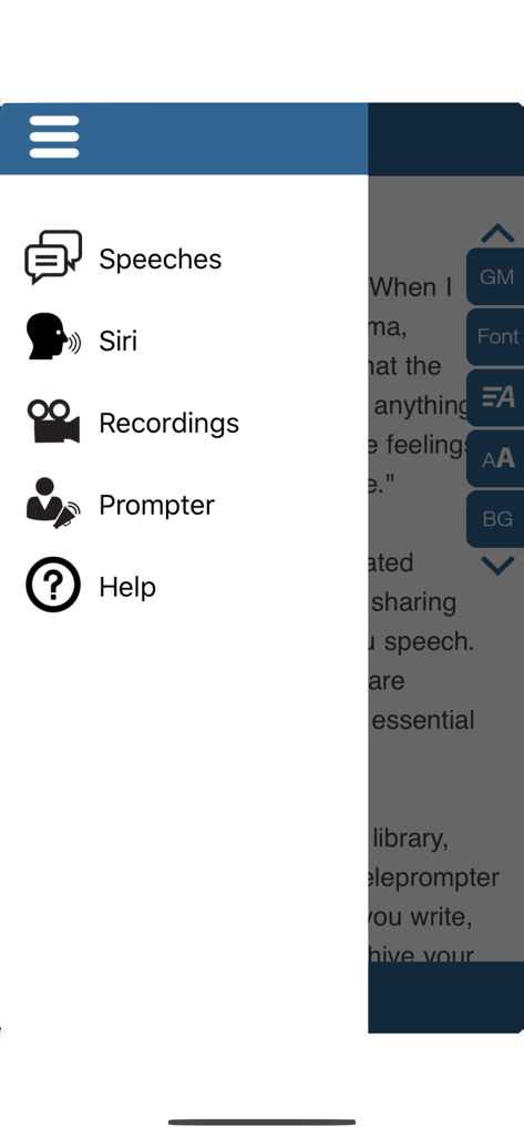 Menu de navigation latéral de l'application SpeechMaker comprenant les options Discours, Siri, Enregistrements, Prompteur et Aide.