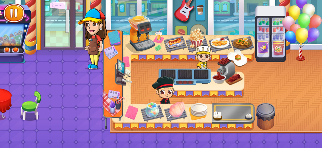 Cartoon cafe kitchen with Vlad and Niki characters serving various snacks and drinks