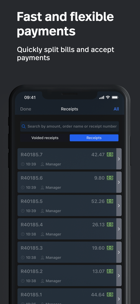 Lightspeed Restaurant POS (K) - Pantalla de la aplicación Lightspeed Restaurant POS mostrando una lista de recibos del restaurante con detalles de pago y roles de gerente