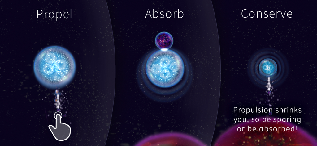 Osmos for iPad - Gameplay tutorial screen for Osmos for iPad showing the propel absorb and conserve mechanics