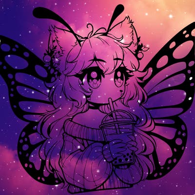 a realistic butterfly/furry girl drinking boba