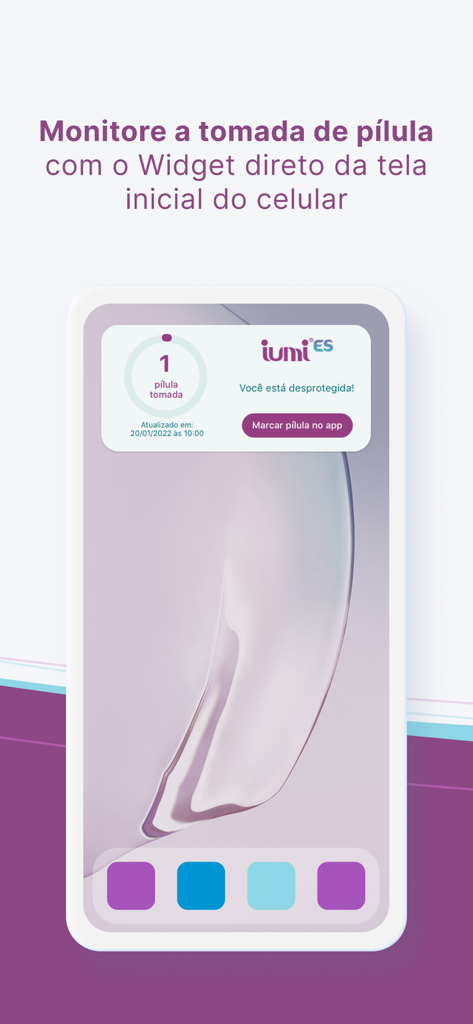 Iumi ES - Widget de la aplicación móvil Iumi ES en la pantalla de inicio para rastrear la ingesta de píldoras anticonceptivas.