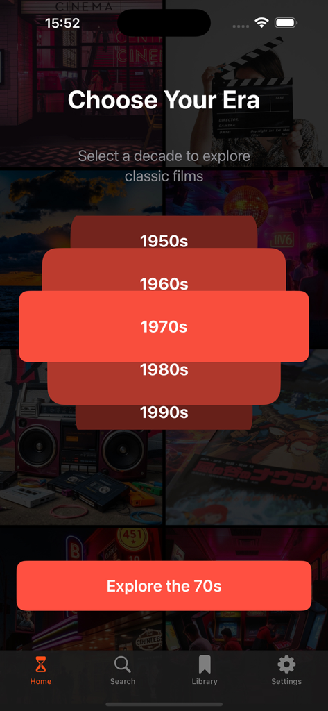My Magis app interface for selecting cinema eras from the 1950s to the 1990s