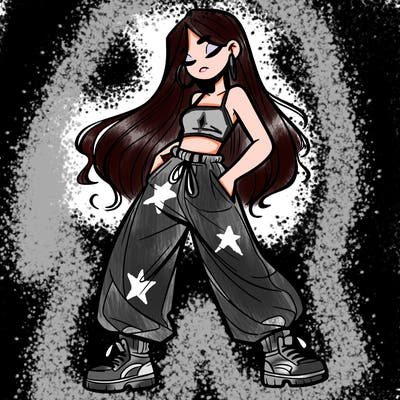 girl in baggy pants crop top and long hair