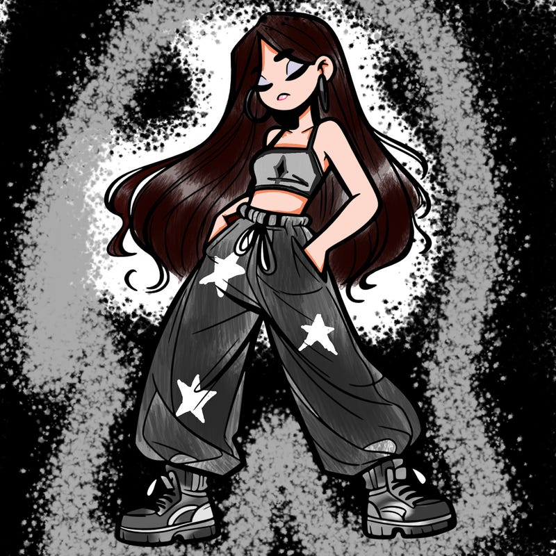 girl in baggy pants crop top and long hair