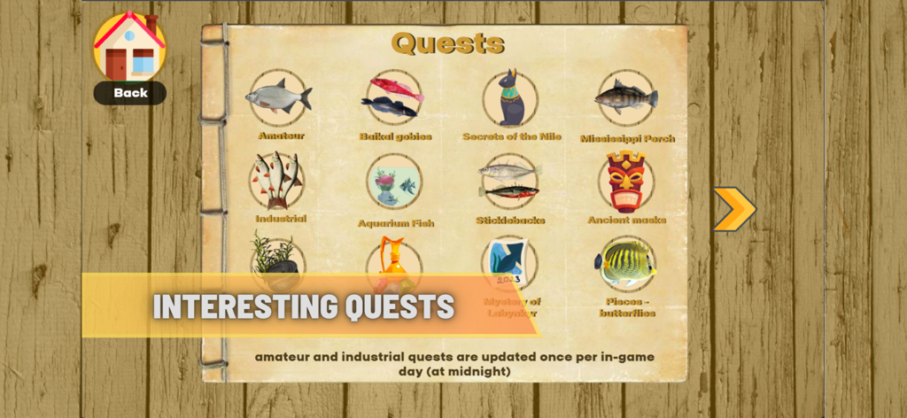 Real Fishing Simulator - A menu screen for Real Fishing Simulator showing a variety of interesting quests and collectible fish categories.