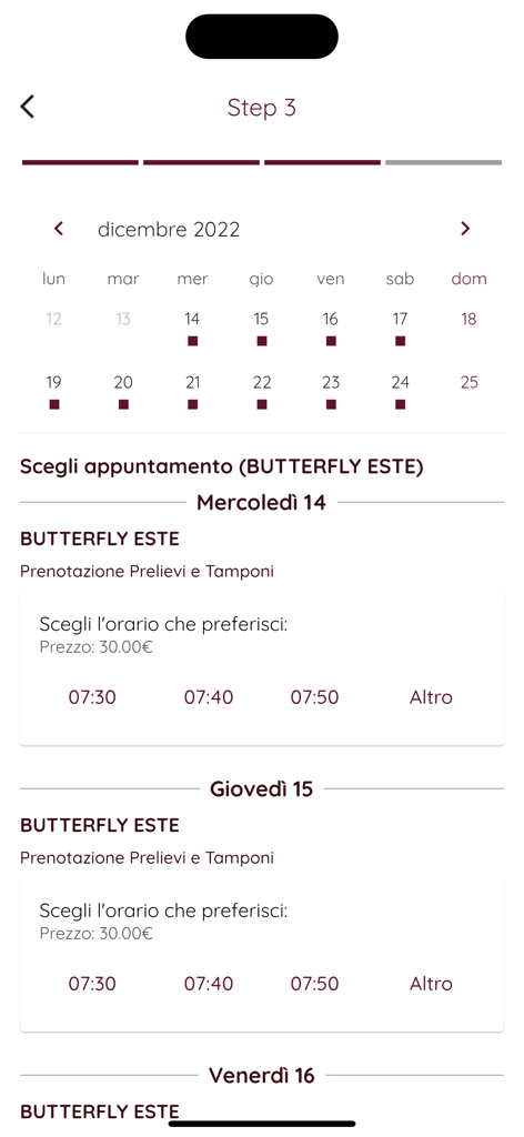 Schermata dell'app Butterfly Laboratorio Analisi per la scelta di una data e un orario per un appuntamento medico