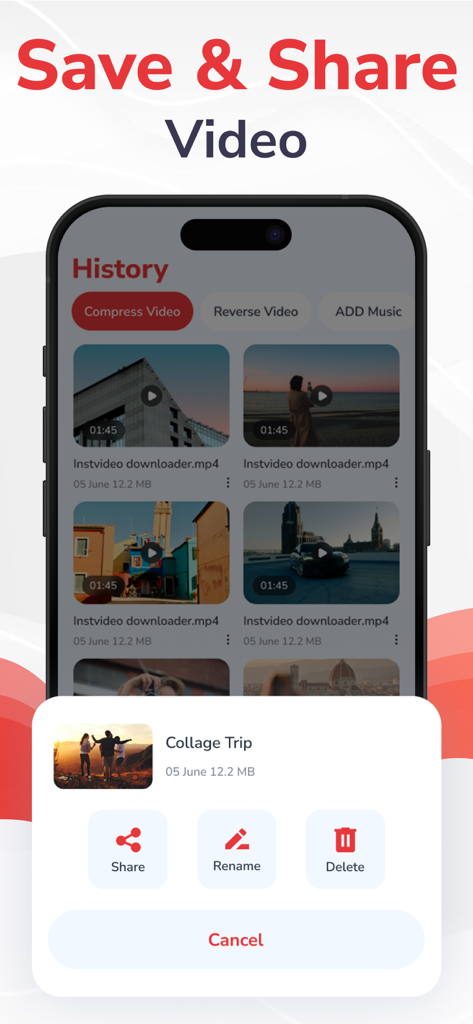동영상 관리 및 공유 옵션을 보여주는 Video Saver 앱 기록 화면