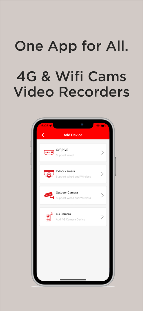 PVMS Pro 4K - PVMS Pro 4K app interface showing the add device menu with options for 4G cameras and video recorders