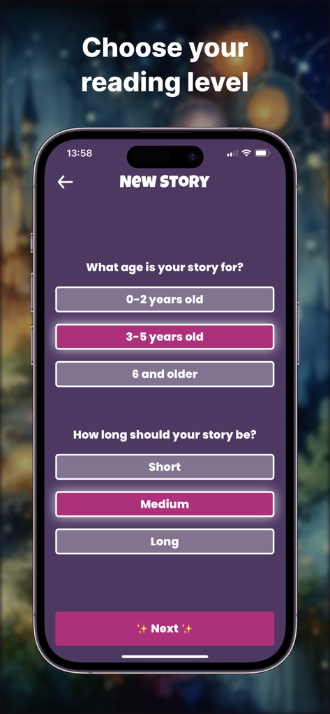 Magic Bookshelf: AI Stories - Interface of Magic Bookshelf app showing options to select a childs age group and the desired story length