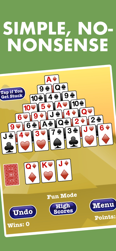 A simple pyramid solitaire game screen with large easy to read cards and an undo button
