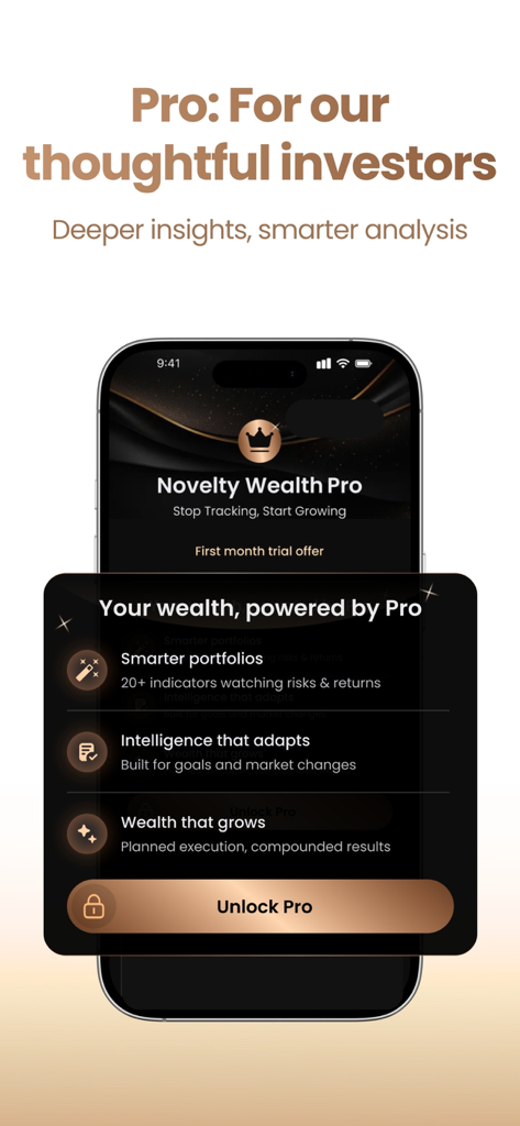 Novelty Wealth: Money Planner - Promotional screen for Novelty Wealth Pro highlighting smarter portfolios and wealth growth features