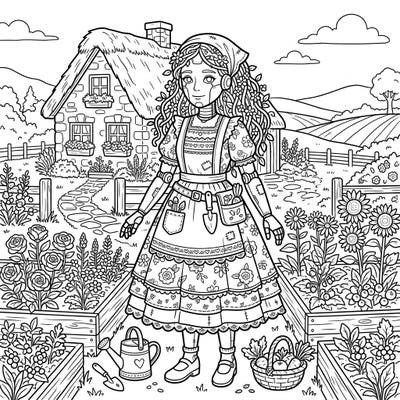 Embrace the unique charm of a gynoid living the serene cottagecore life. This delightful coloring page features a robot tending to a vibrant garden with a quaint cottage in the background.