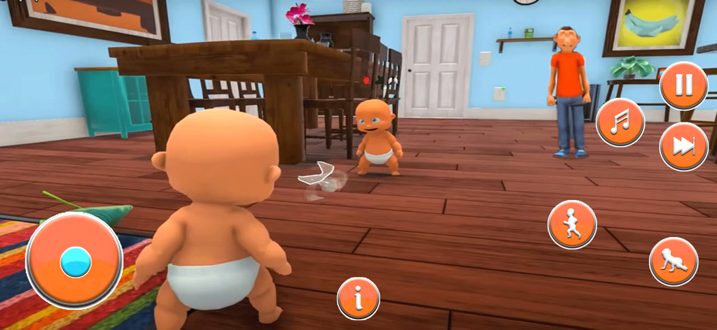 Where is Your Daddy: Boss Baby - Captura de pantalla del juego que muestra un personaje de bebé travieso en una casa con una figura paterna en un juego de simulación 3D.