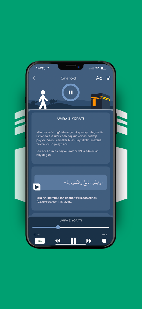 Ҳаж ва умра - Uzbek Hajj and Umrah app interface showing Umrah pilgrimage instructions and an audio player.