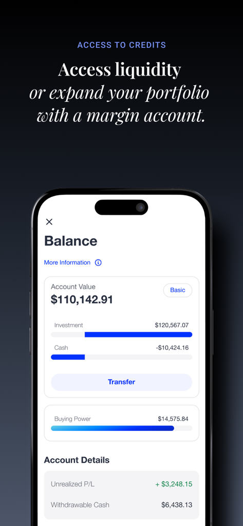 Folionet - Folionet mobile app balance screen showing account value and margin account features