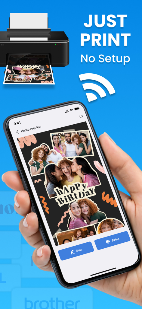Mobile Print:Scanner & Printer - Una persona usando un iPhone para imprimir de forma inalámbrica un collage de fotos de cumpleaños con la aplicación Mobile Print.