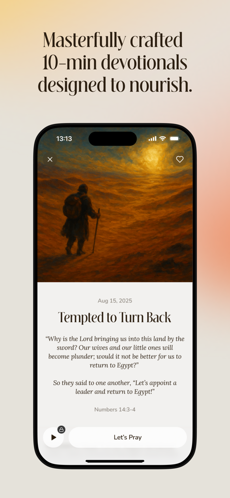 Mobile screen of the Aura app featuring a daily devotional titled Tempted to Turn Back with Scripture and a prayer option