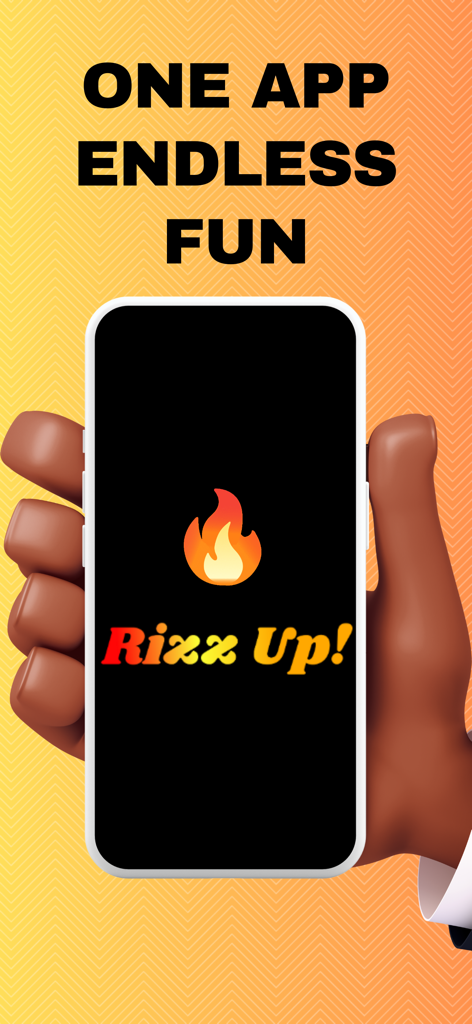 A hand holding a smartphone displaying the Rizz Up app logo with a flame icon and the text One App Endless Fun.