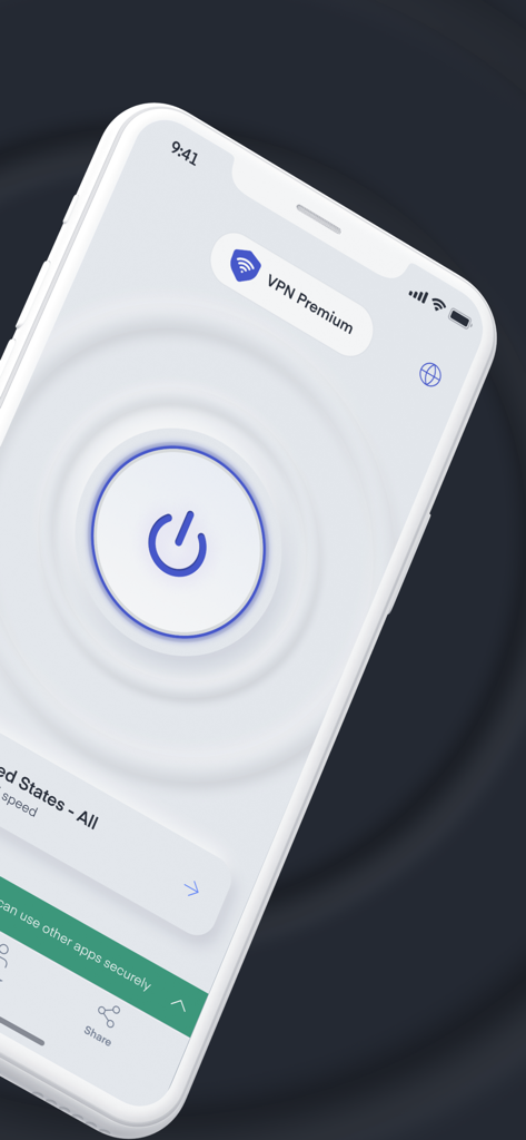 VPN Vault - Super Proxy App - VPN Vault app interface on iPhone featuring a central power button for secure connection