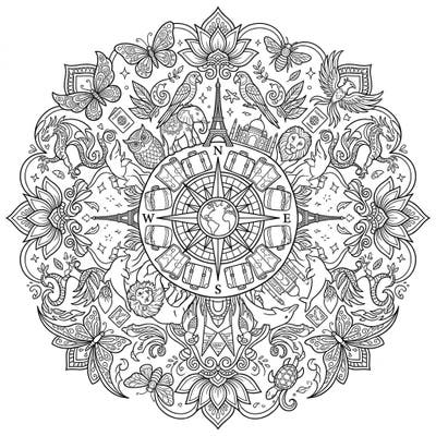Embark on an incredible coloring adventure with this unique animal mandala, blending the wonders of wildlife with the thrill of global travel. Discover intricate details of exotic creatures, iconic landmarks, and essential vacation elements, all waiting for your creative touch.