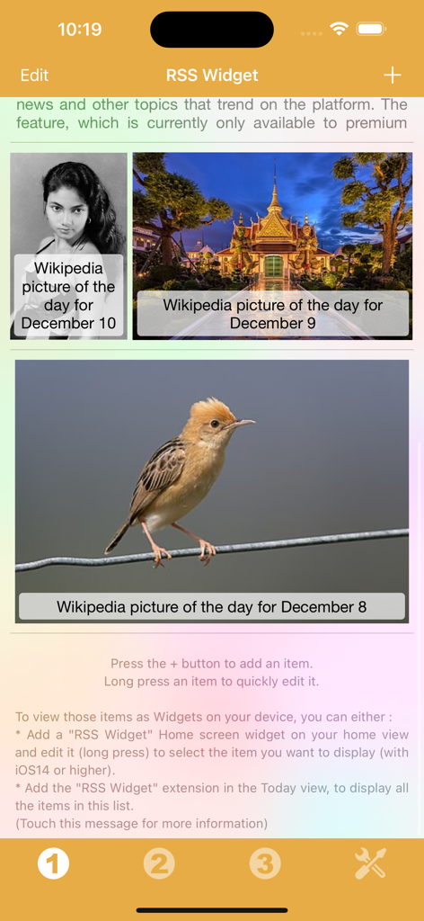 RSS Widget - Aplicación RSS Widget que muestra una lista de imágenes diarias de Wikipedia en una interfaz de iPhone.