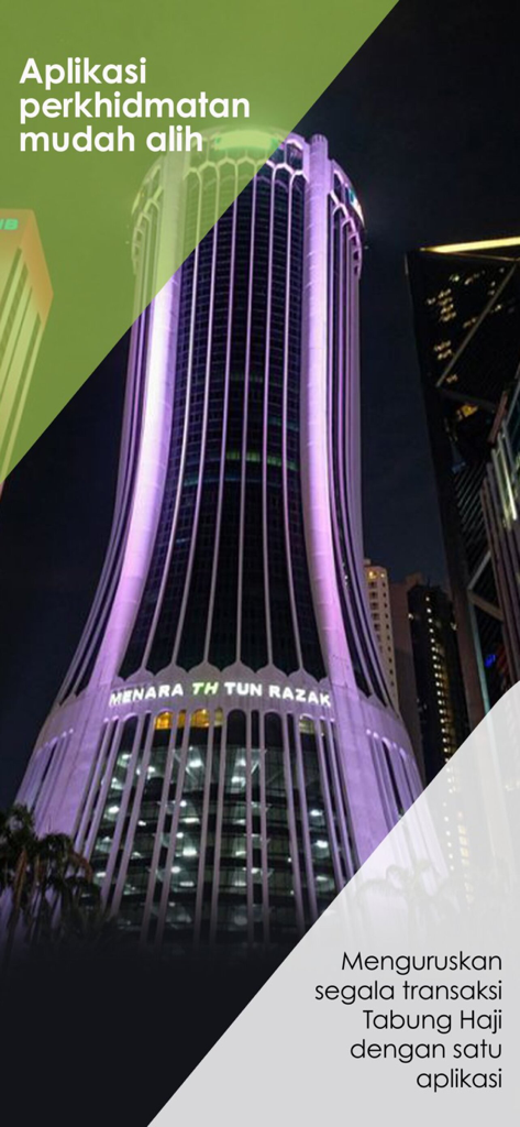 Das Menara TH Tun Razak Gebäude bei Nacht mit der Tabung Haji Mobile App