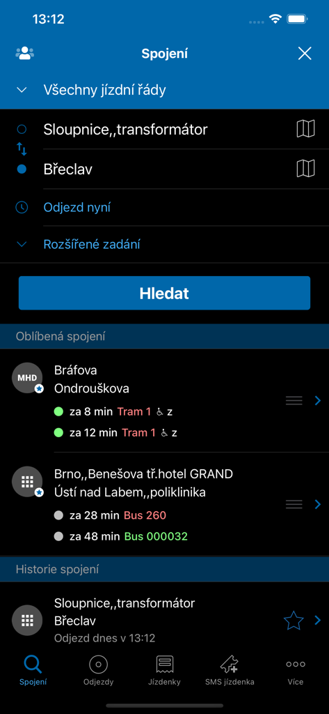 Jizdni rady IDOS mobile app interface for searching public transit connections in the Czech Republic