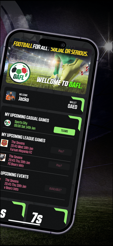 DAFL - Panel de la aplicación móvil DAFL mostrando próximos partidos informales y de liga de fútbol en Dubái