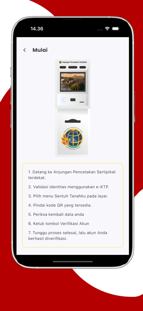 A mobile app screen from Sentuh Tanahku displaying a step-by-step guide on how to verify an account at a certificate printing kiosk using an e-KTP.