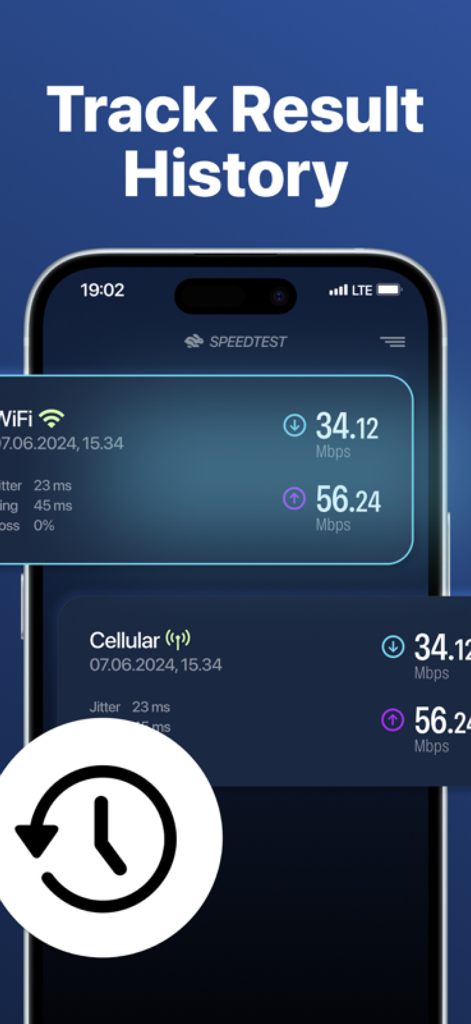 Interface exibindo um histórico de resultados de teste de velocidade WiFi e celular com dados de upload e download.