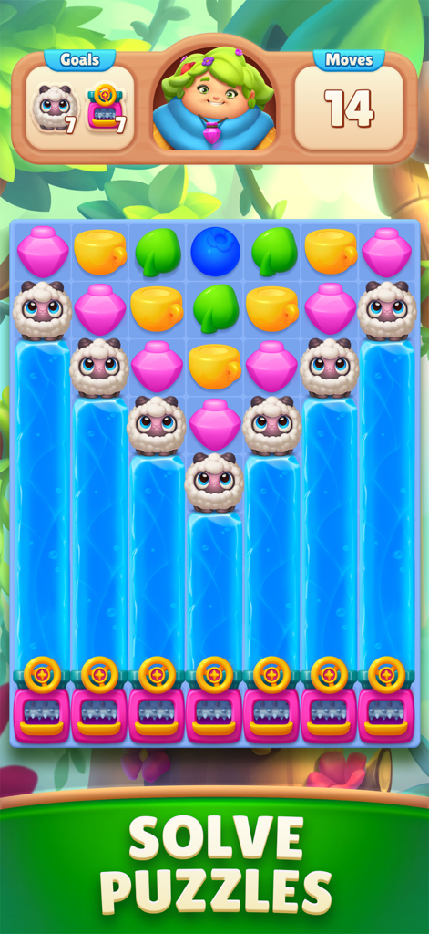 My Lovely Planet Puzzle Match3 - A match-3 puzzle screen in My Lovely Planet featuring Mama Nature and cute sheep