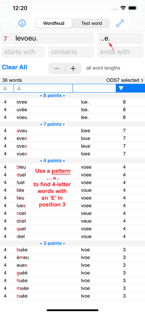 French word finder app displaying pattern search results with point scores
