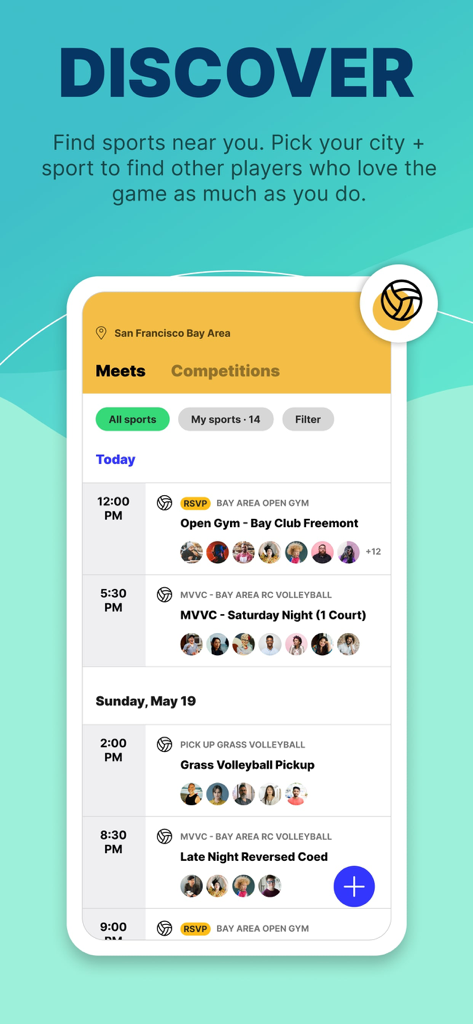 Reclub - Social Sports Nearby - Schermata di scoperta dell'app Reclub che mostra un elenco di prossimi incontri sportivi e attività di pallavolo nell'Area della Baia di San Francisco