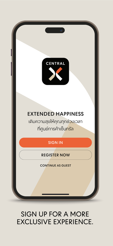 Central X - Schermata di benvenuto dell'app Central X con pulsanti di accesso e registrazione