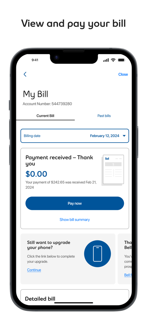 L'écran de facturation de l'application MyBell affiche la confirmation de paiement reçu et un solde nul.