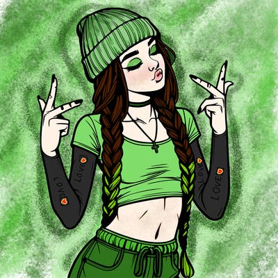 realistic teenage girl with braids and a beanie and crop top doing 🫶🏼