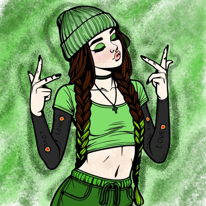 realistic teenage girl with braids and a beanie and crop top doing 🫶🏼