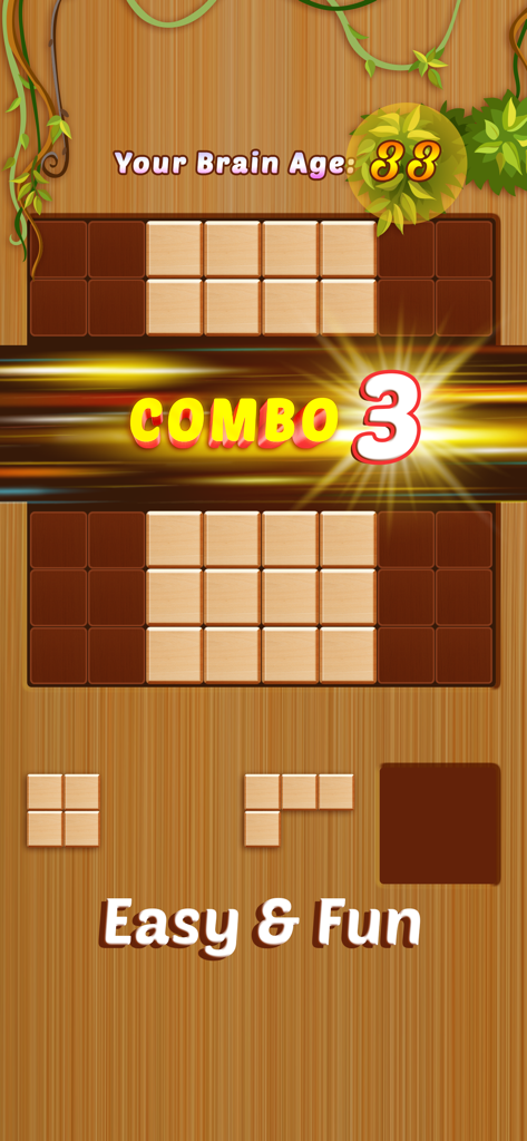 Wood Blast - Wood Block Puzzle - Wood block puzzle game screen featuring a combo score and brain age estimate