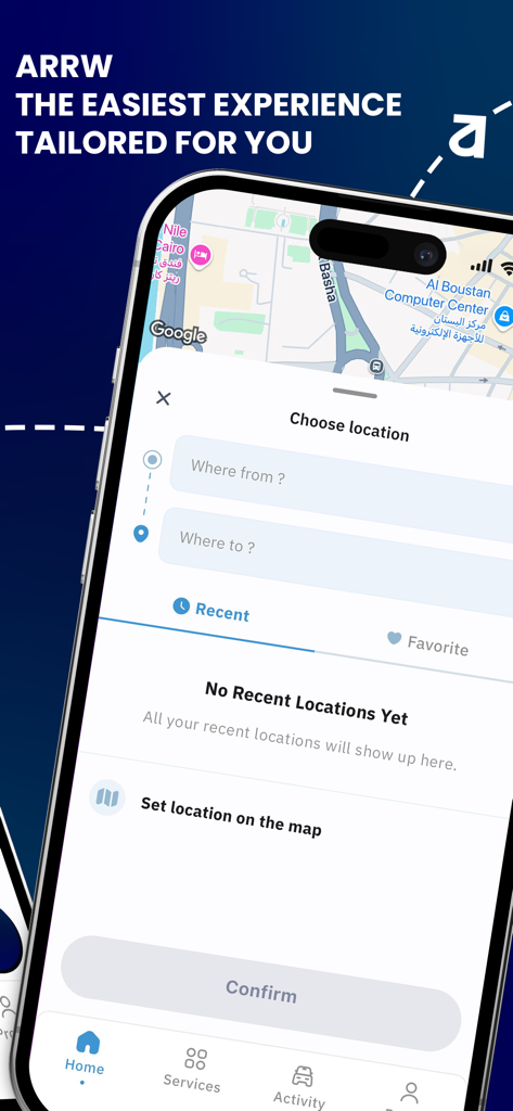 Arrw - Arrw ride-hailing app interface for choosing pickup and destination locations on a map.