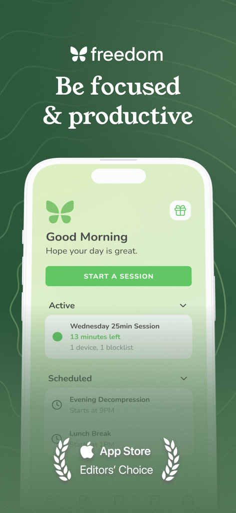 Freedom app dashboard on a smartphone showing an active focus session and scheduled distraction blocking sessions.