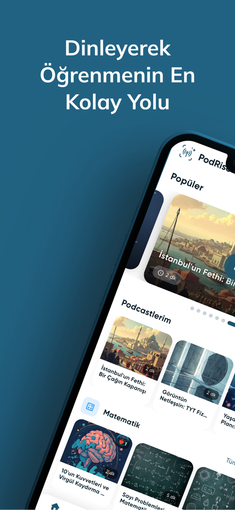 The PodRise app interface featuring a library of AI-voiced educational podcasts for efficient learning.