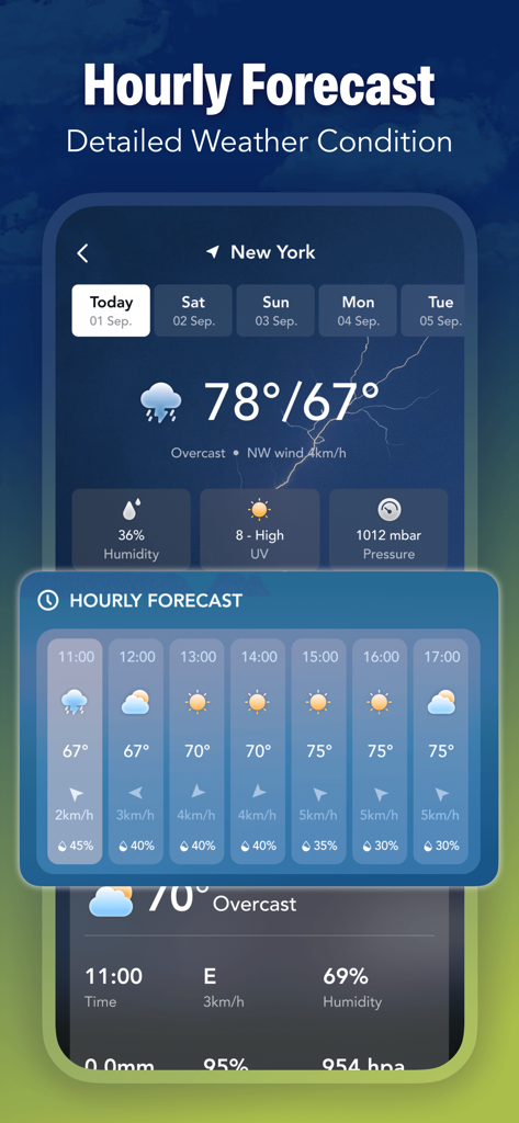 Live Weather Forecast & Radar - Pantalla detallada de pronóstico del tiempo por hora que muestra tendencias de temperatura e íconos de condiciones climáticas.