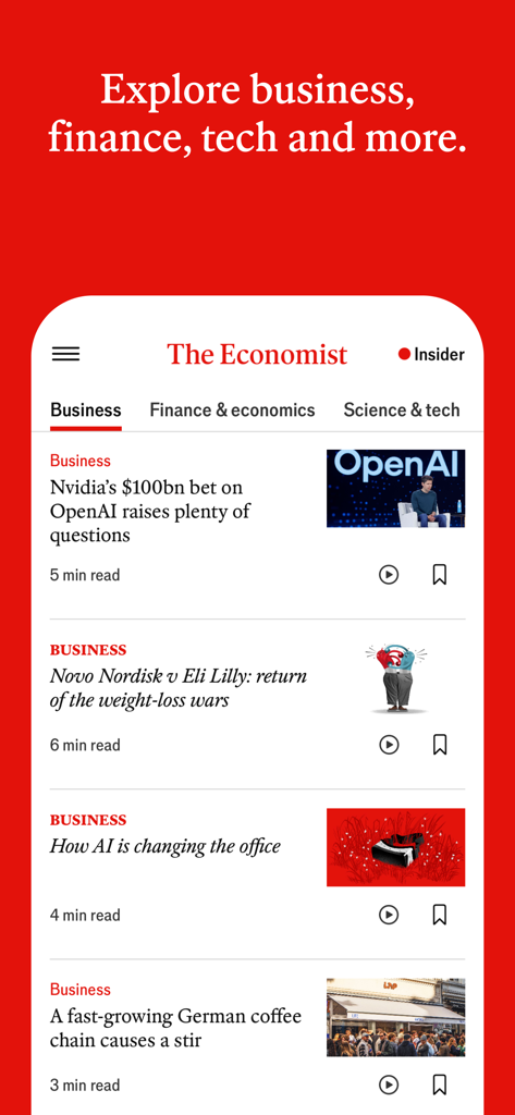 The Economist mobile app interface showing a feed of business and technology news articles