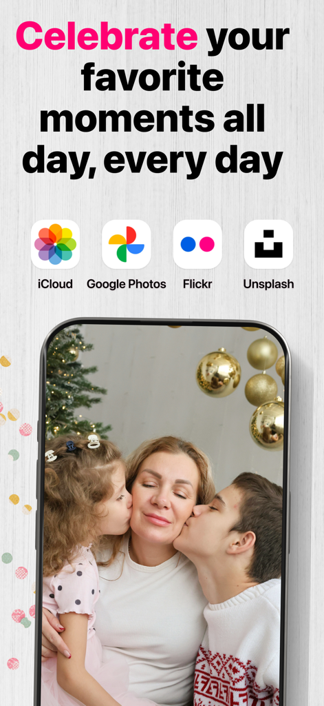 Digital Photo Frame Slideshow - Smartphone displaying a family photo with icons for iCloud Google Photos Flickr and Unsplash integration.