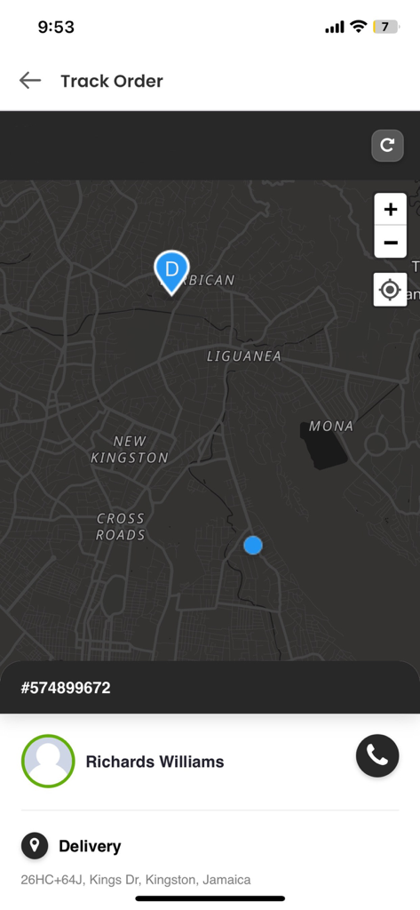 Doorstep JA Food Delivery - Real-time order tracking map in the Doorstep JA food delivery app showing a driver location in Kingston