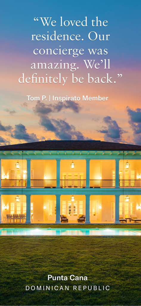 Luxury two-story villa at sunset in Punta Cana with an Inspirato member testimonial